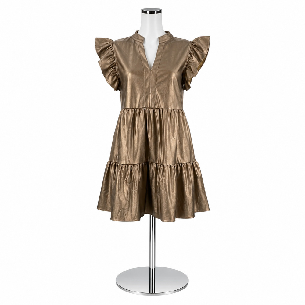 Entro Metallic Bronze Faux Leather Tiered Mini Dress Size Small NWT